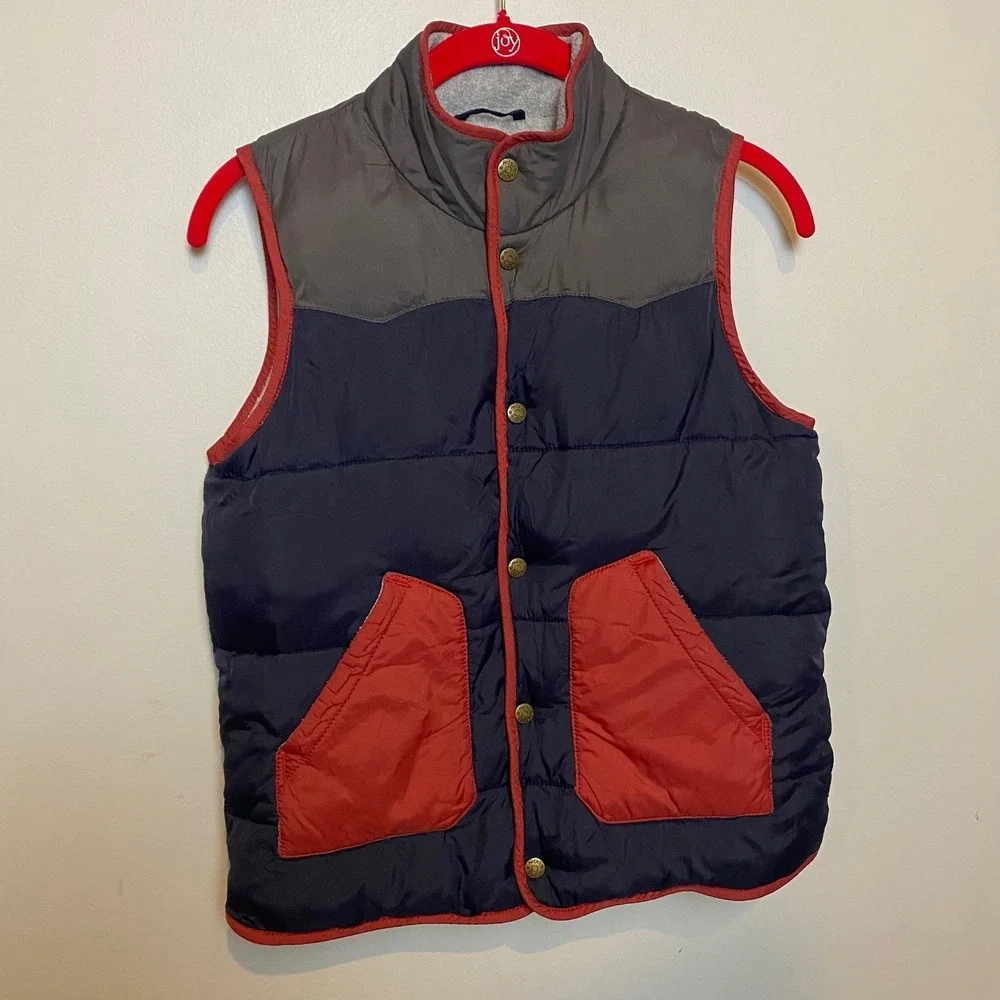 Mini Boden Kids Puffer Vest Navy‎ Blue Red Pockets Size 9-10Y